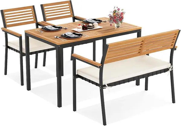 4-teiliges Gartenmöbel Set aus Akazienholz & Metall