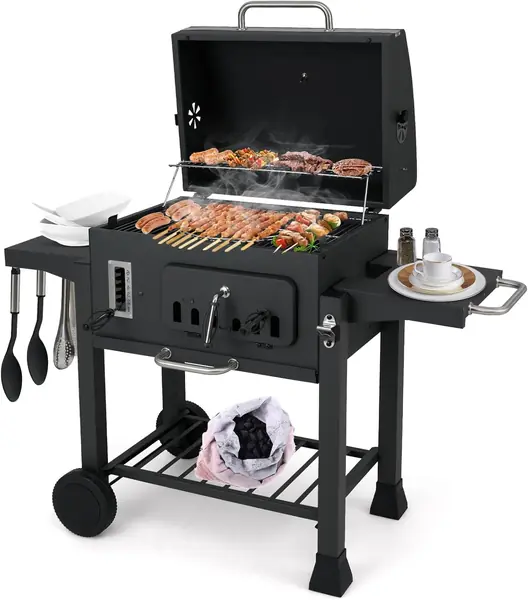 Holzkohlegrill mit 2 klappbaren Seitentischen & Rädern